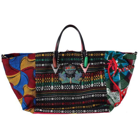 Christian Louboutin Africaba Tote Bag Black Red Multi Jacquard Cotton Leather - Picture 1 of 7